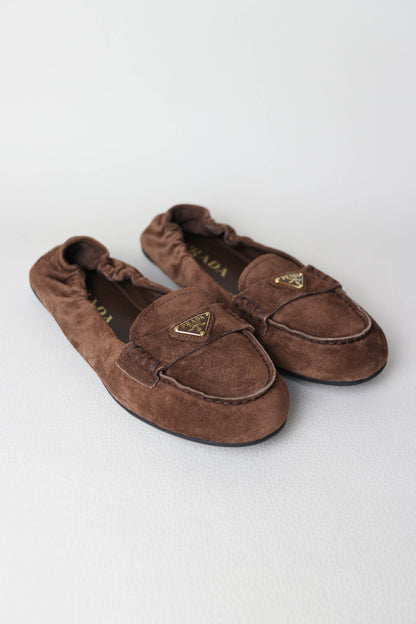 Prada Logo Loafers Suede Brown