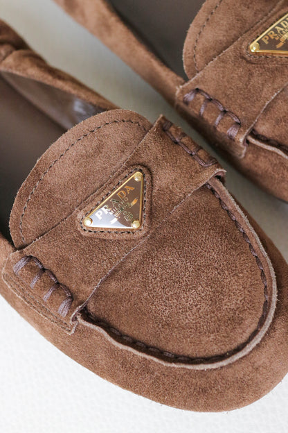 Prada Logo Loafers Suede Brown