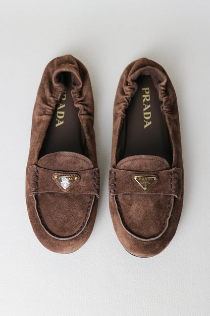 Prada Logo Loafers Suede Brown