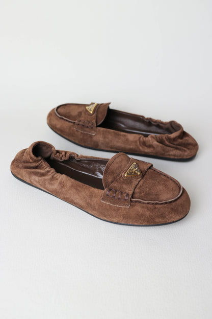 Prada Logo Loafers Suede Brown
