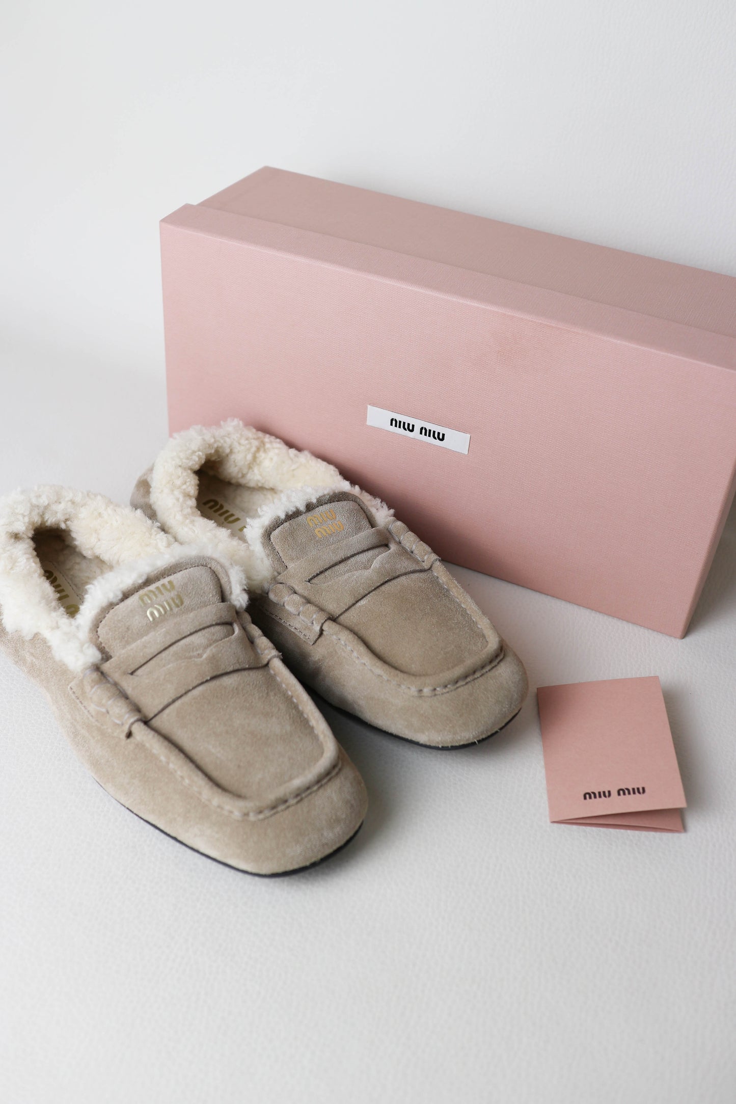 Miu Miu Logo Shearling Loafers Suede Beige