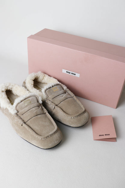 Miu Miu Logo Shearling Loafers Suede Beige