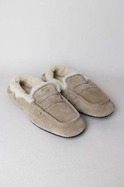 Miu Miu Logo Shearling Loafers Suede Beige