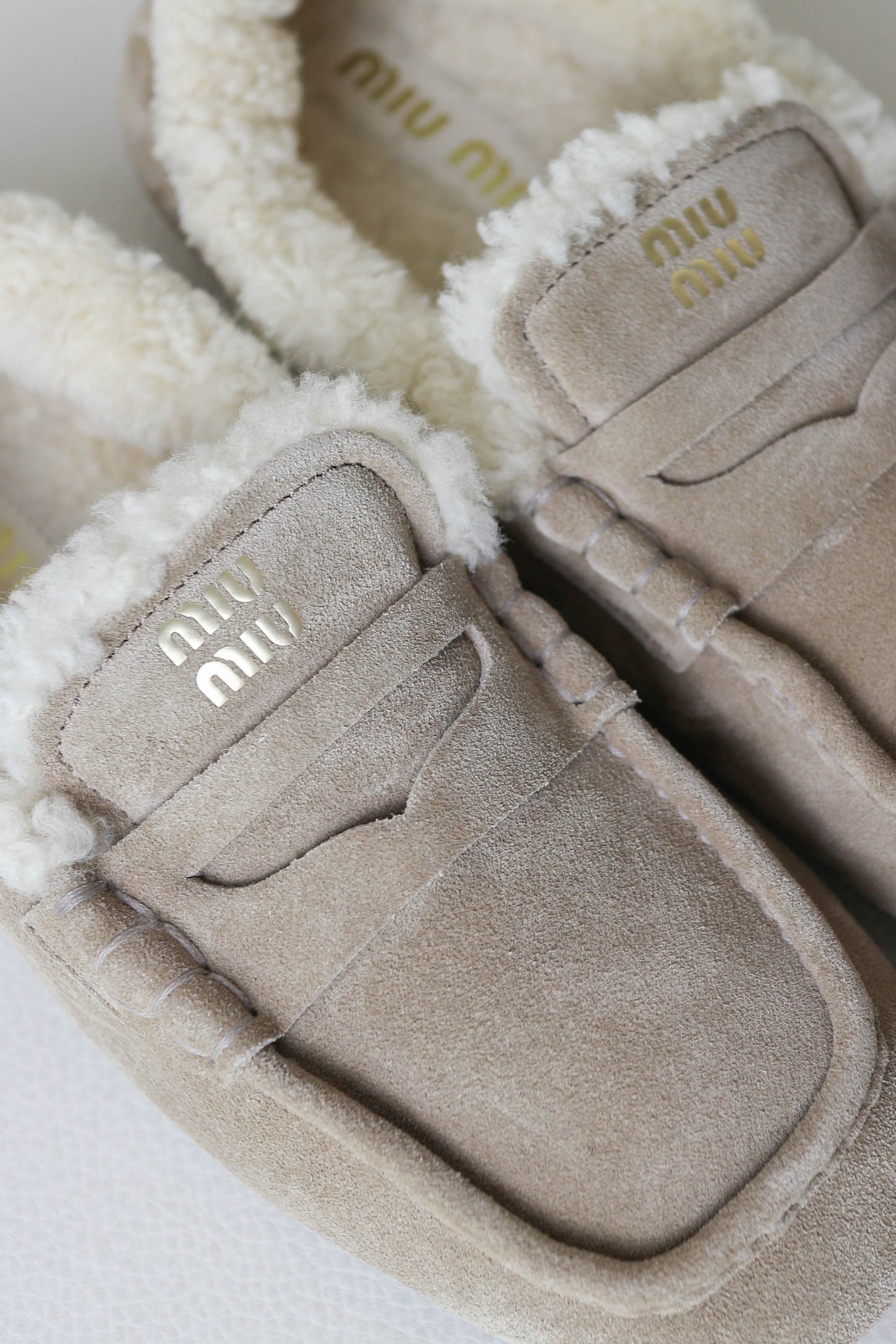 Miu Miu Logo Shearling Loafers Suede Beige