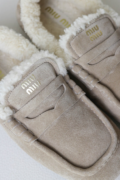 Miu Miu Logo Shearling Loafers Suede Beige
