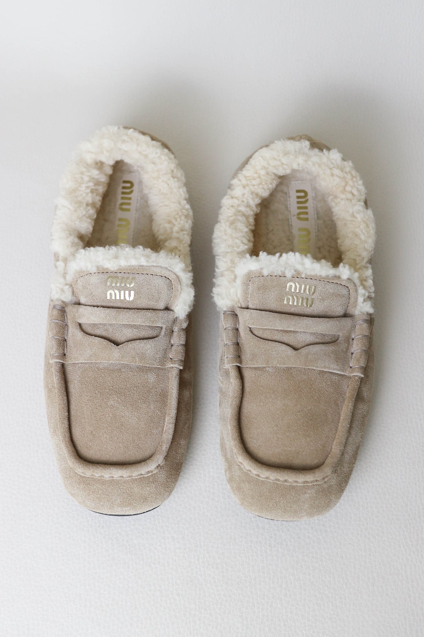 Miu Miu Logo Shearling Loafers Suede Beige