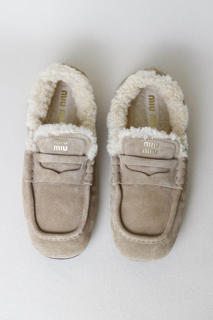 Miu Miu Logo Shearling Loafers Suede Beige