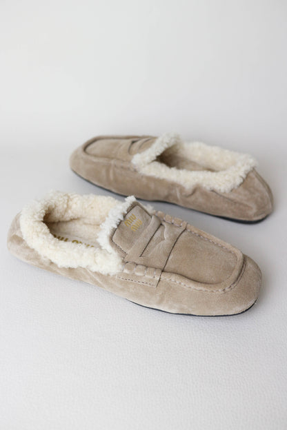 Miu Miu Logo Shearling Loafers Suede Beige