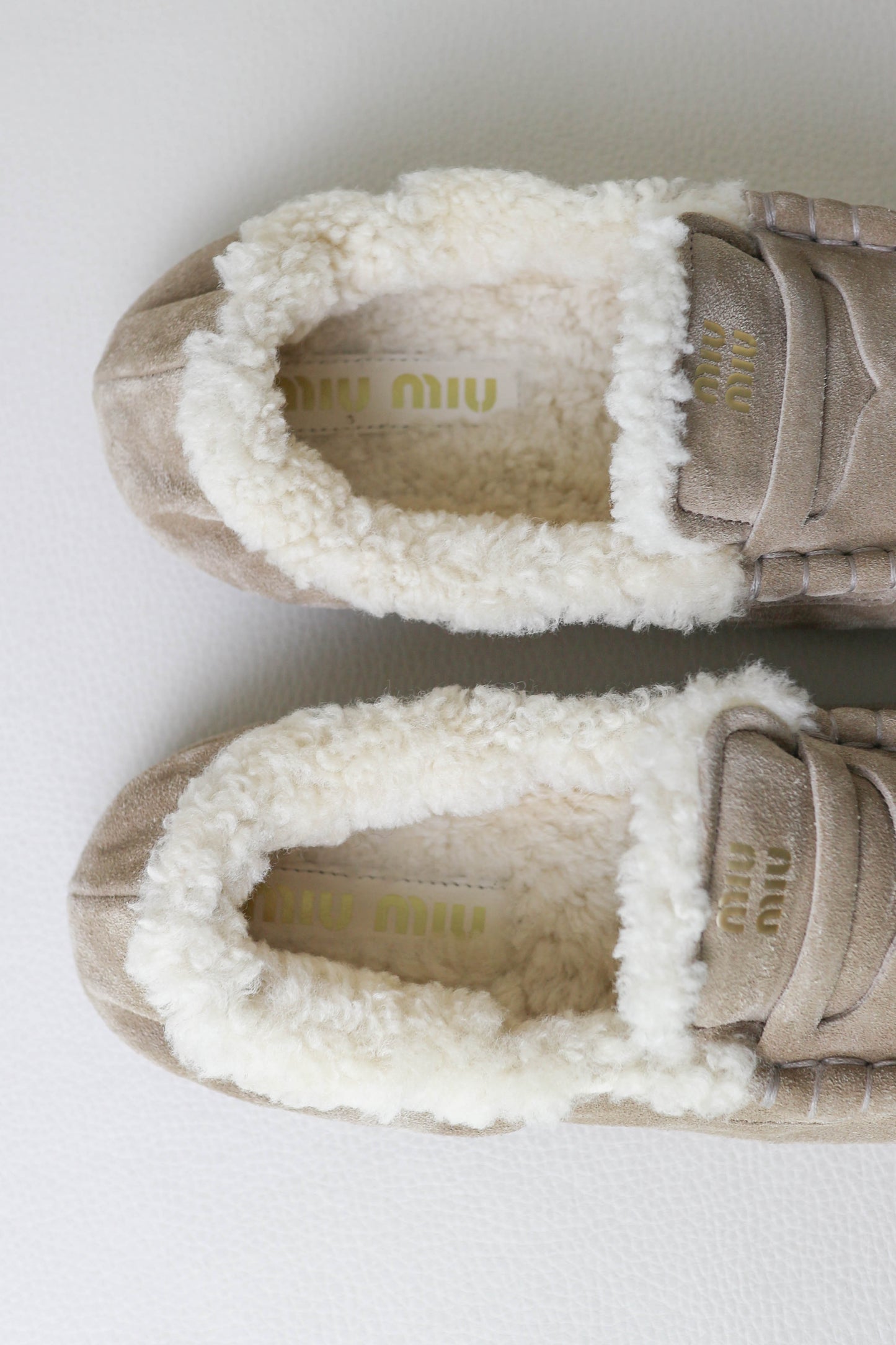 Miu Miu Logo Shearling Loafers Suede Beige
