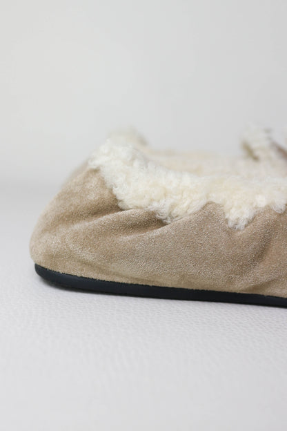 Miu Miu Logo Shearling Loafers Suede Beige