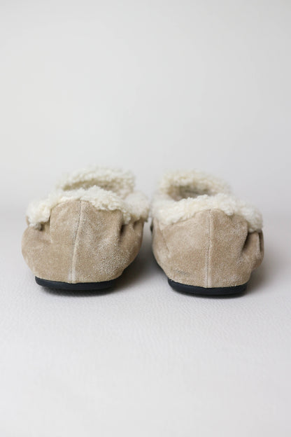 Miu Miu Logo Shearling Loafers Suede Beige