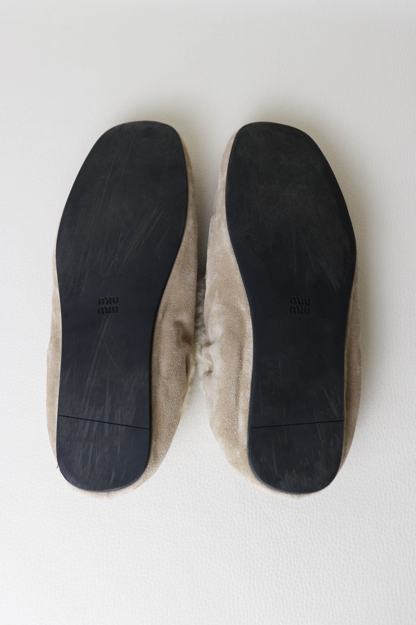 Miu Miu Logo Shearling Loafers Suede Beige
