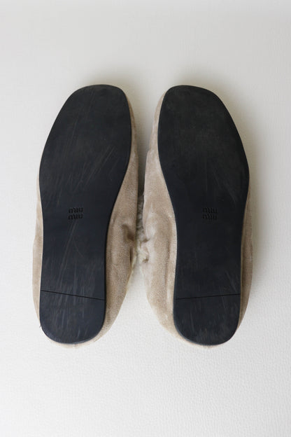 Miu Miu Logo Shearling Loafers Suede Beige