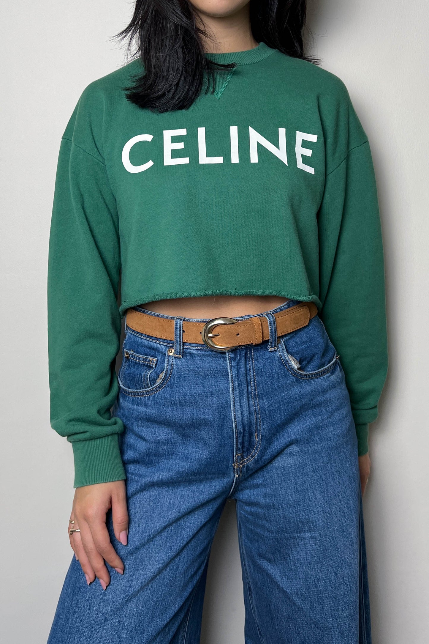 CELINE Cropped Logo Sweater Green