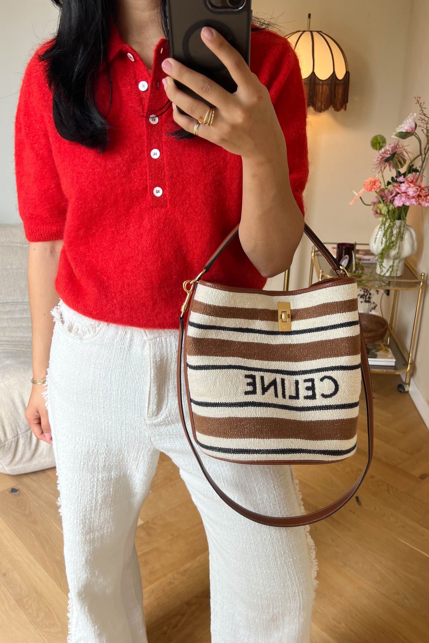 CELINE Canvas Striped Bucket Bag Brown