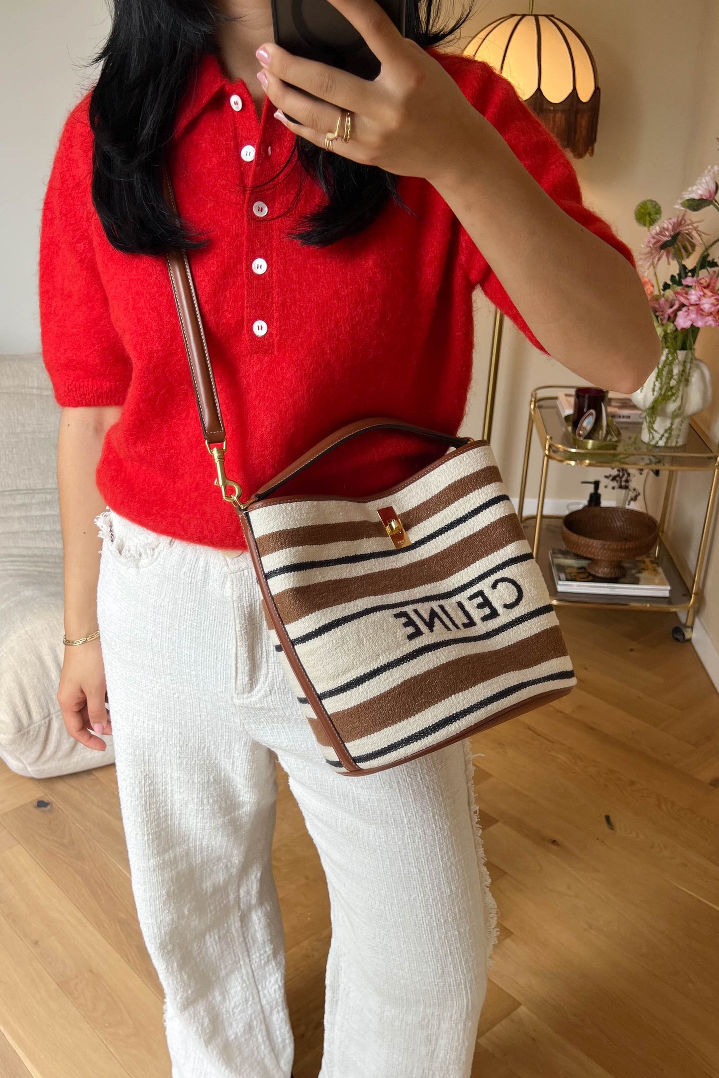 CELINE Canvas Striped Bucket Bag Brown