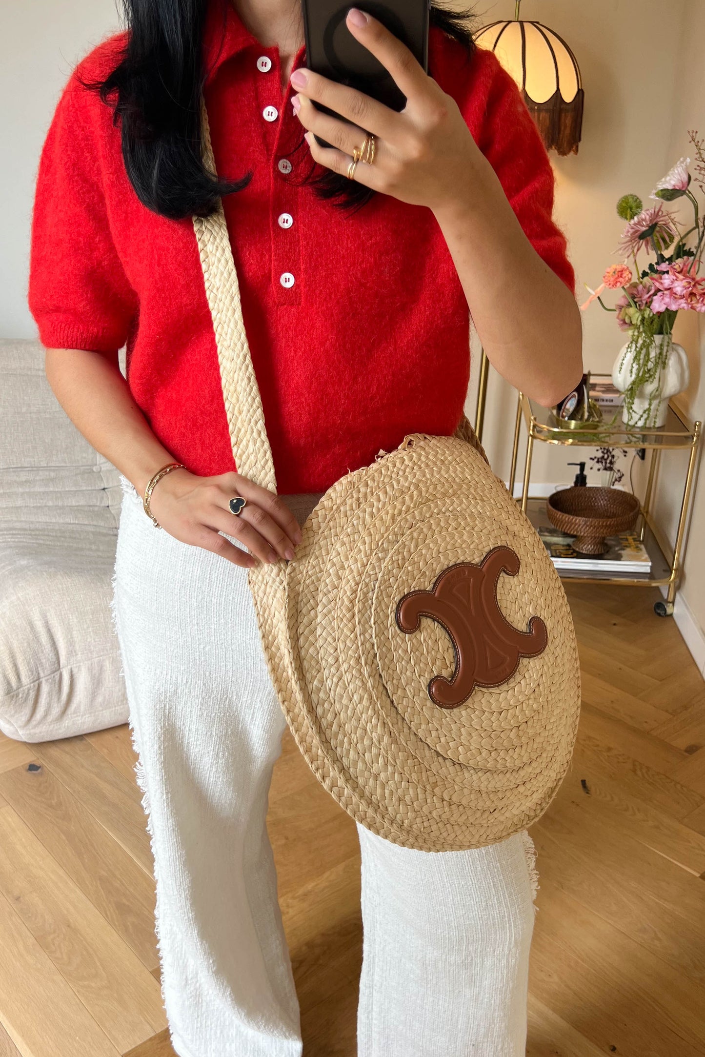 CELINE Triomphe Raffia Round Bag