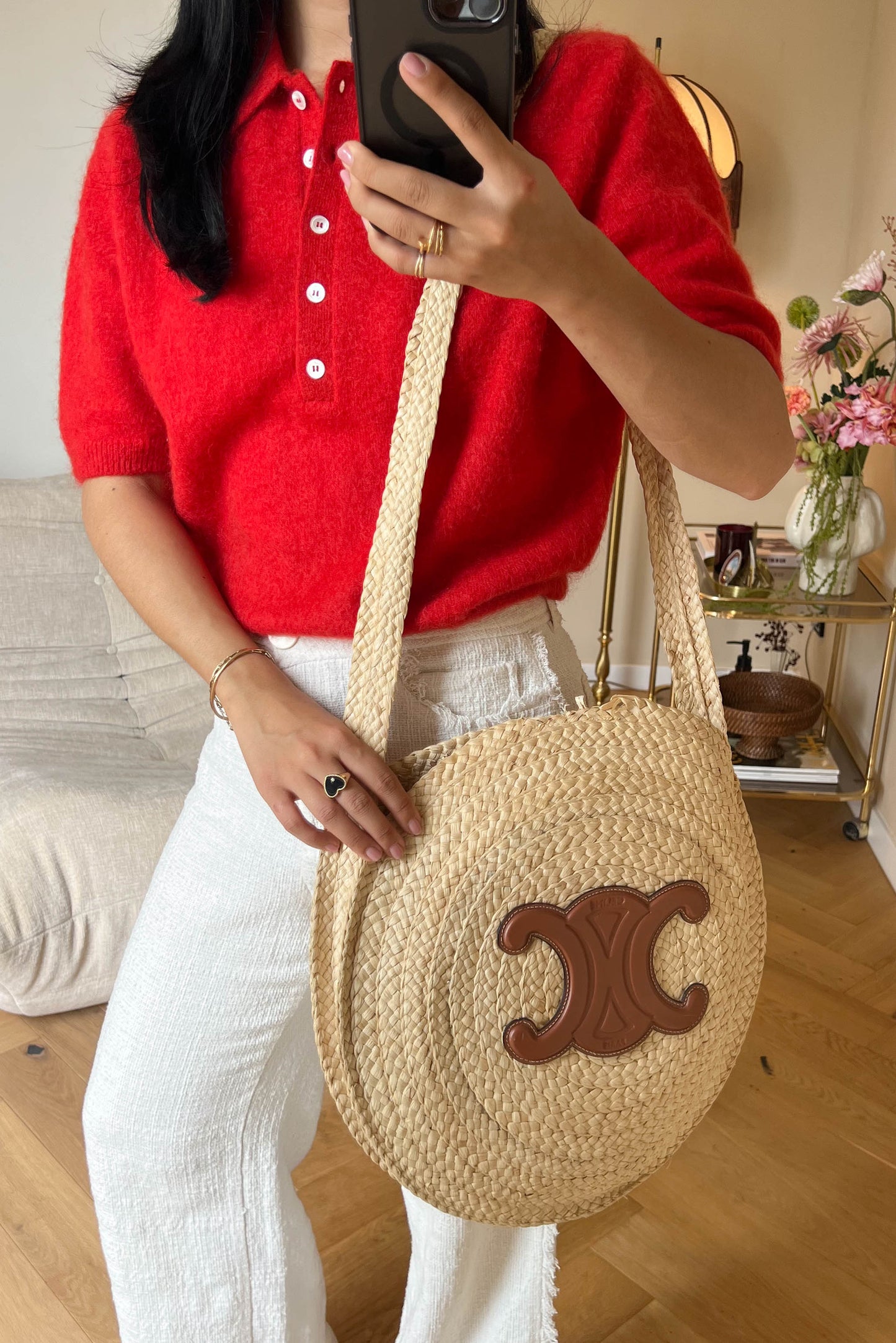 CELINE Triomphe Raffia Round Bag