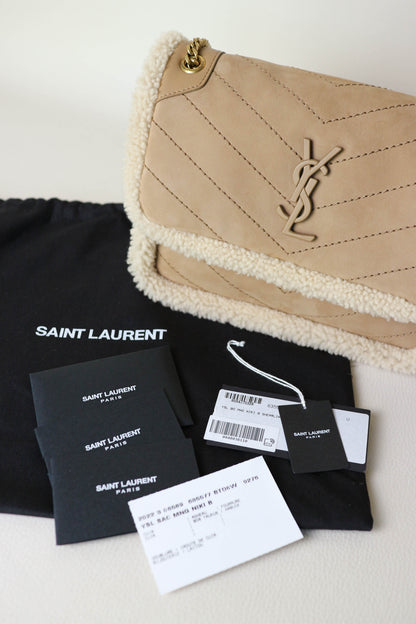 Saint Laurent Niki Shearling Shoulder Bag Small Beige