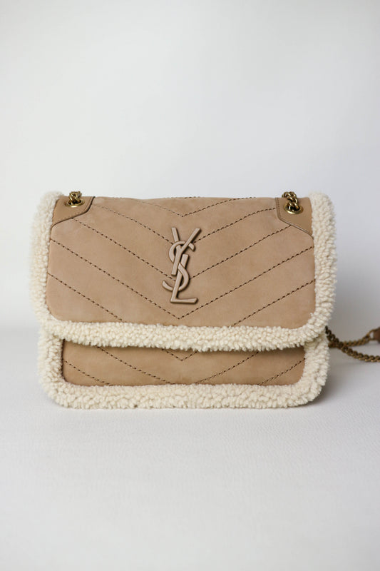 Saint Laurent Niki Shearling Shoulder Bag Small Beige