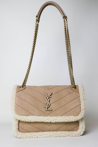 Saint Laurent Niki Shearling Shoulder Bag Small Beige