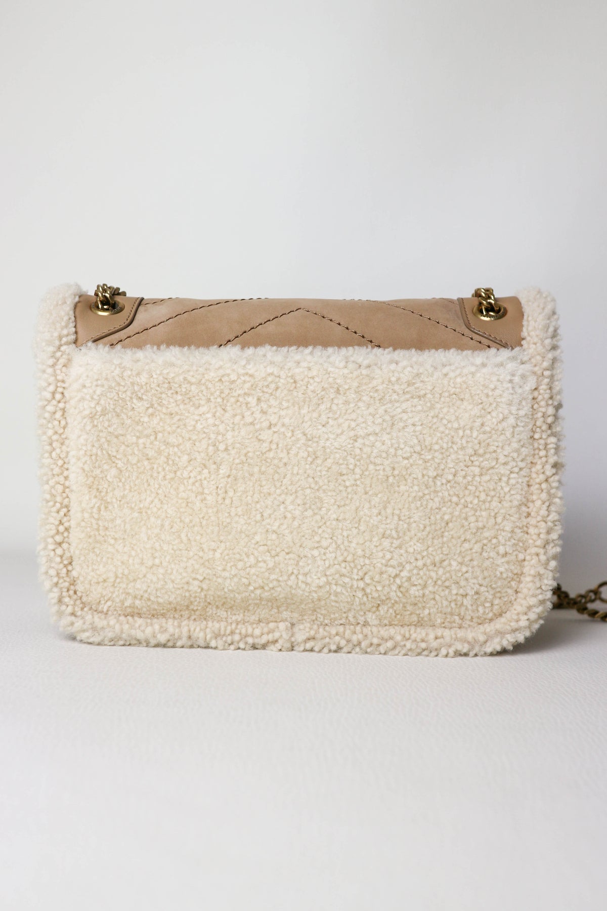 Saint Laurent Niki Shearling Shoulder Bag Small Beige