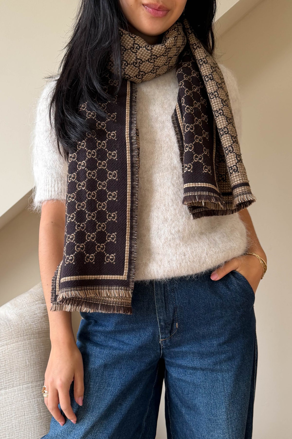 Gucci Monogram Wool Jacquard Scarf Brown