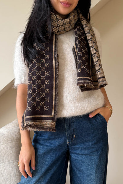 Gucci Monogram Wool Jacquard Scarf Brown