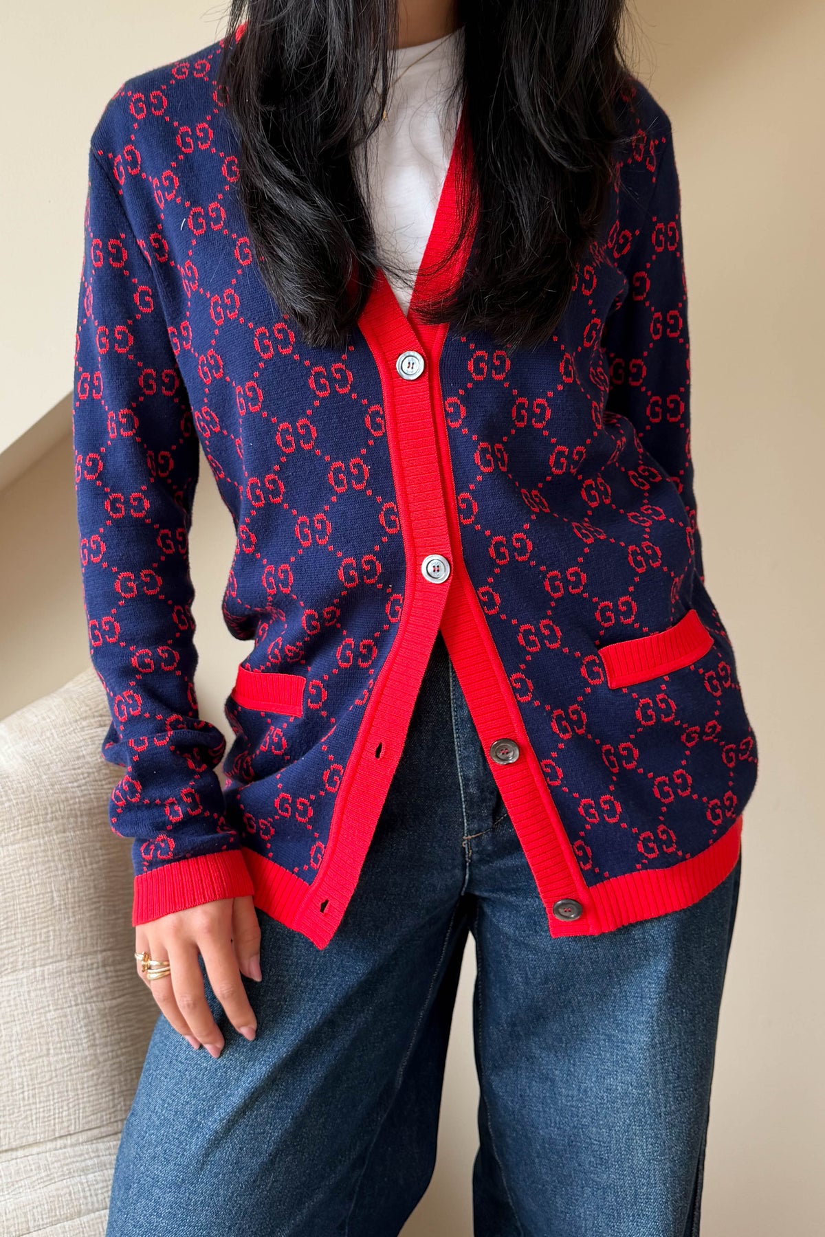 Gucci GG Logo Knit Cardigan Red/Navy
