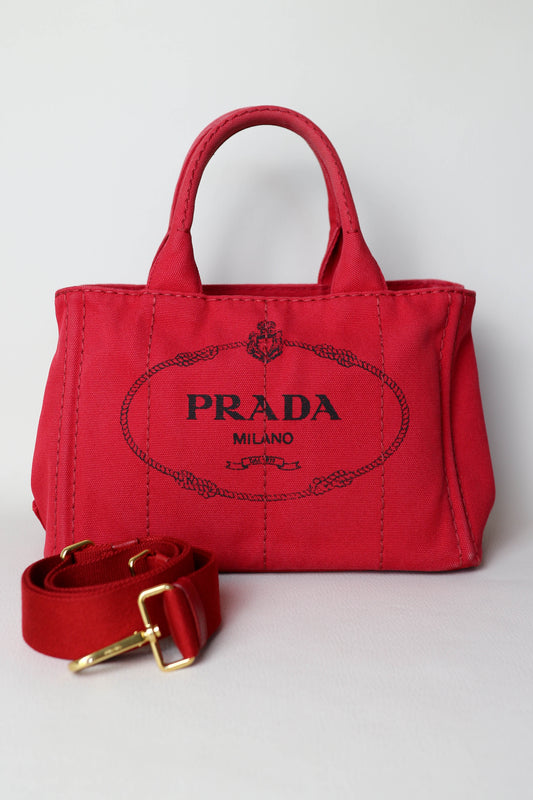 Prada Vintage Canapa Logo Tote Bag Small Red