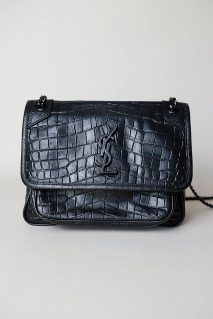 Saint Laurent Niki Croco Shoulder Bag Small Black