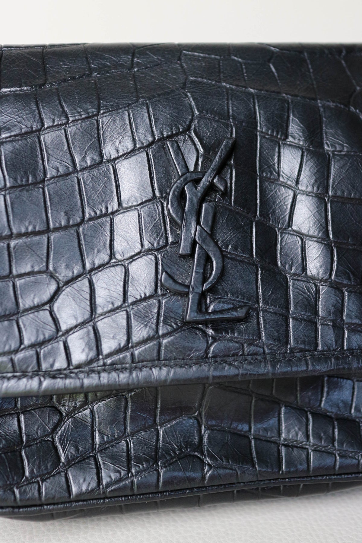 Saint Laurent Niki Croco Shoulder Bag Small Black