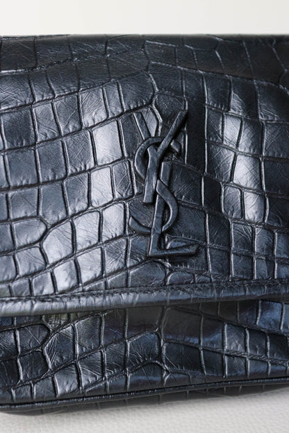Saint Laurent Niki Croco Shoulder Bag Small Black