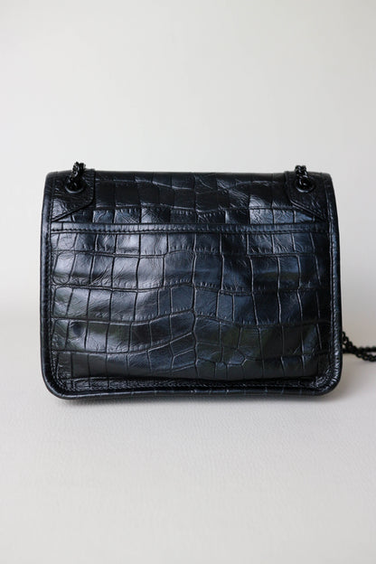 Saint Laurent Niki Croco Shoulder Bag Small Black