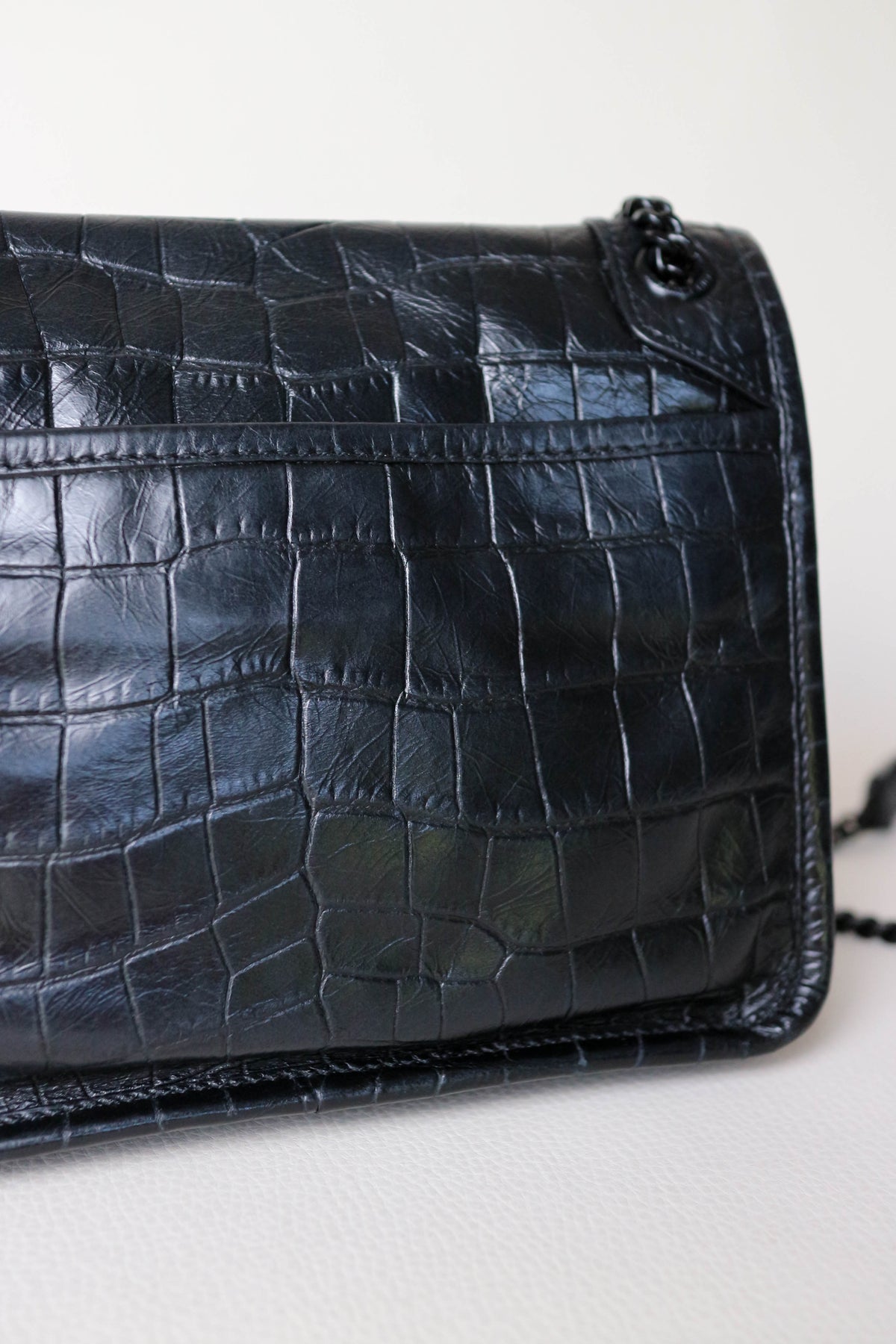 Saint Laurent Niki Croco Shoulder Bag Small Black