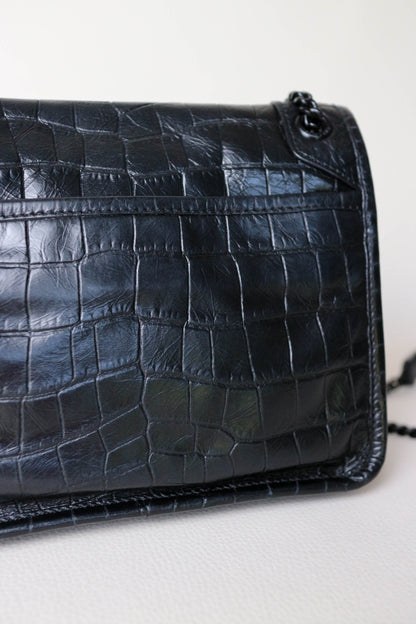 Saint Laurent Niki Croco Shoulder Bag Small Black
