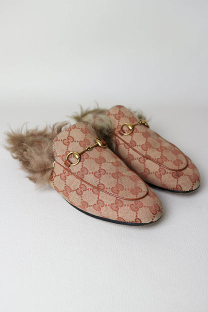 Gucci Princetown Monogram Fur Loafers Brown