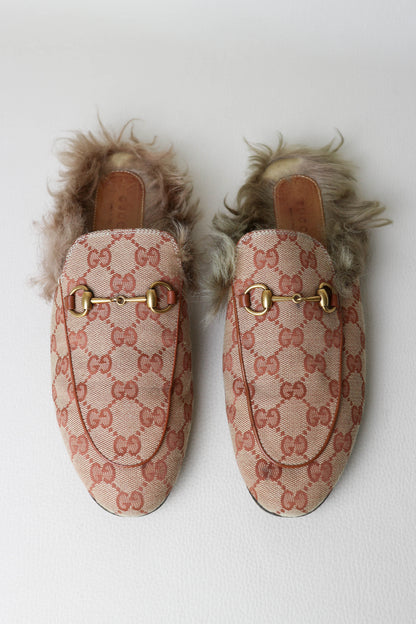 Gucci Princetown Monogram Fur Loafers Brown