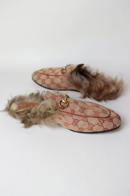 Gucci Princetown Monogram Fur Loafers Brown