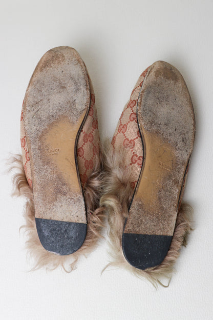 Gucci Princetown Monogram Fur Loafers Brown