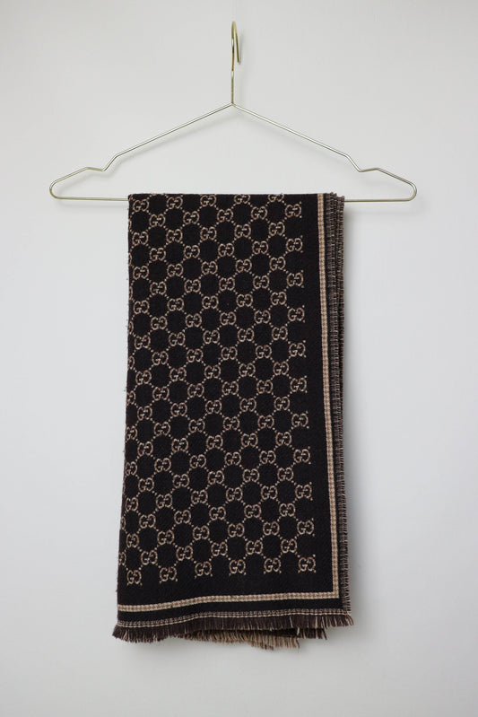 Gucci Monogram Wool Jacquard Scarf Brown