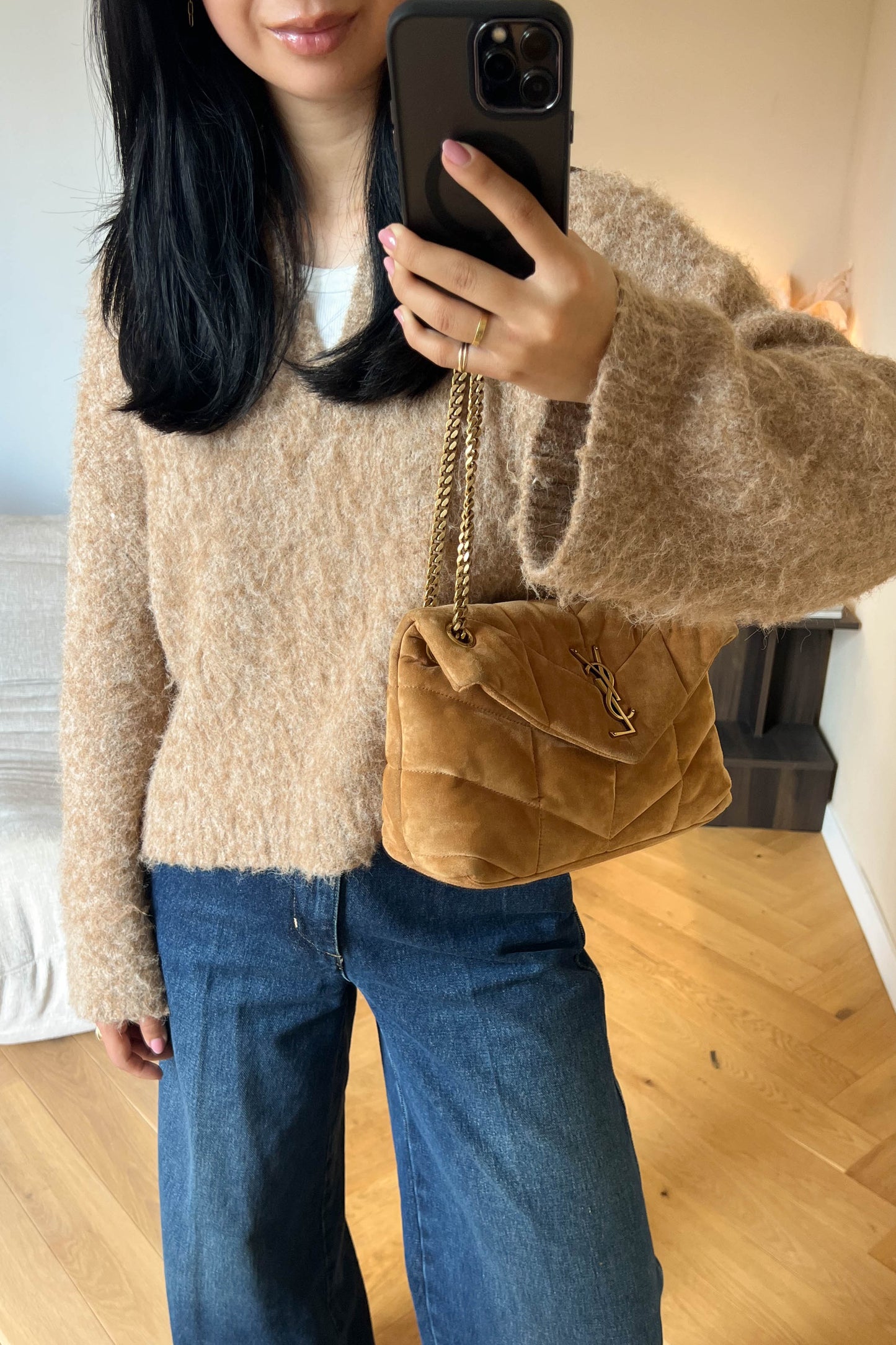 Saint Laurent Loulou Puffer Bag Suede Brown Small