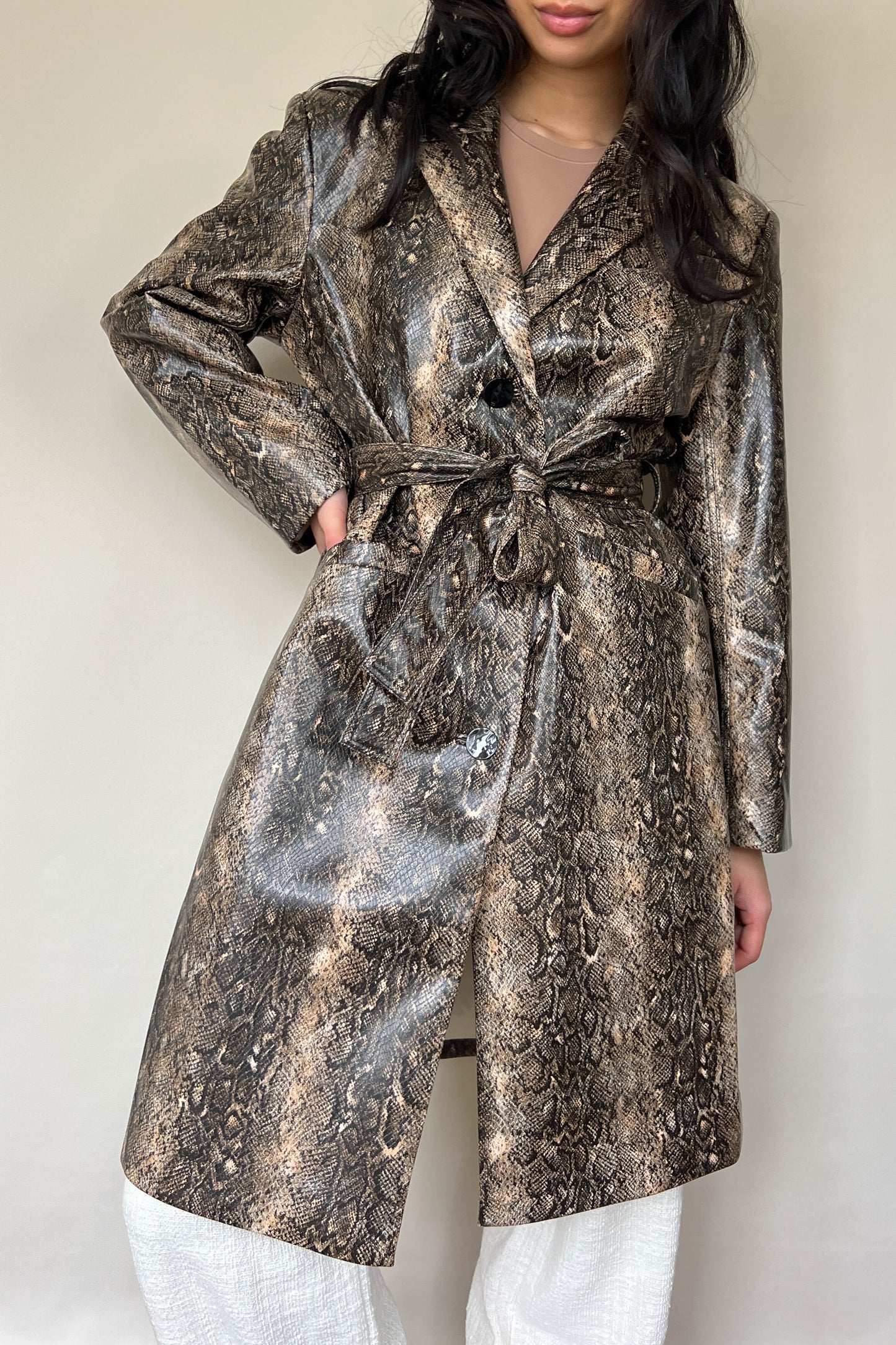 GANNI Snake Print Coat Brown