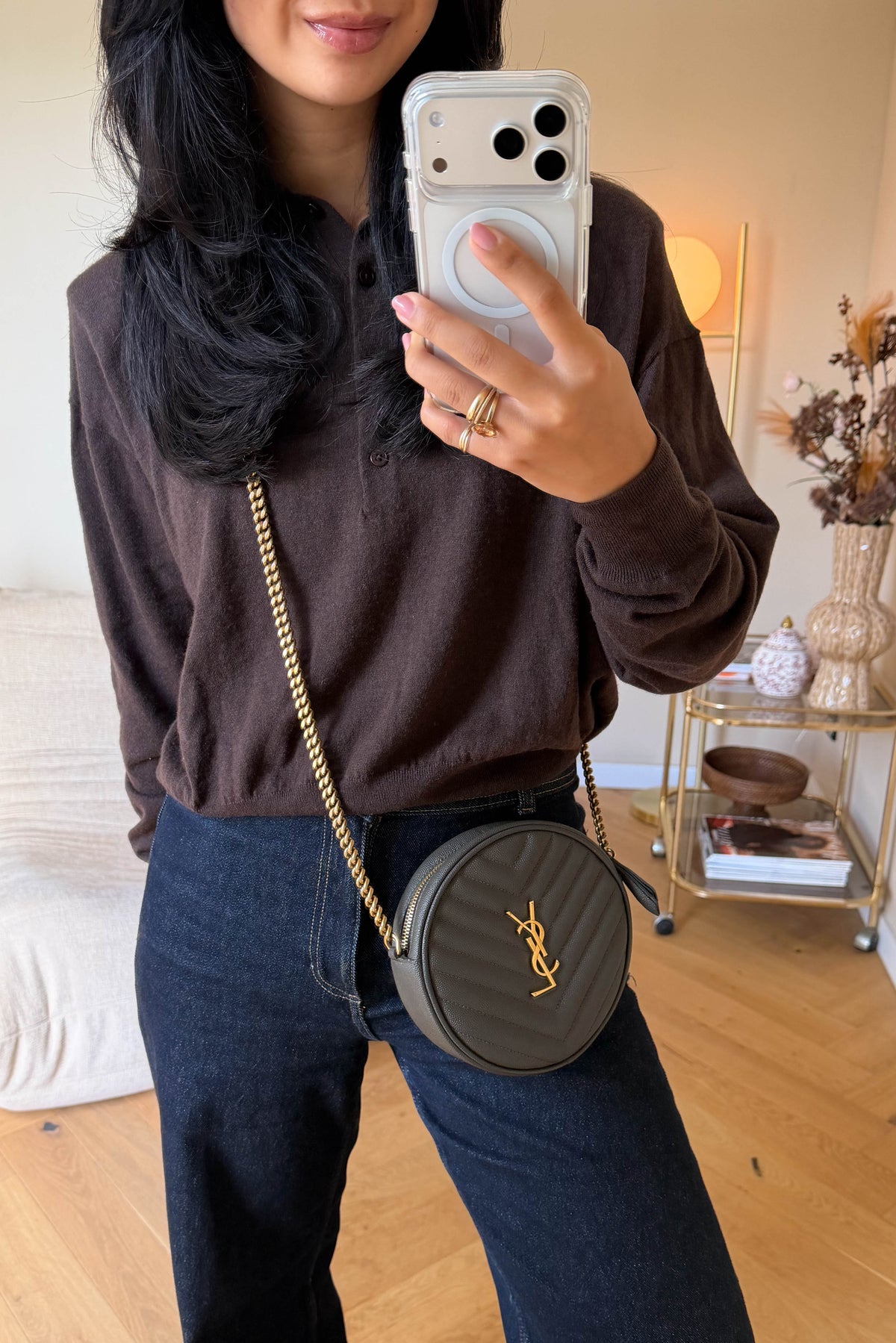 Saint Laurent Vinyle Logo Round Bag Khaki