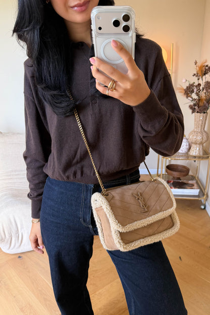 Saint Laurent Niki Shearling Shoulder Bag Small Beige