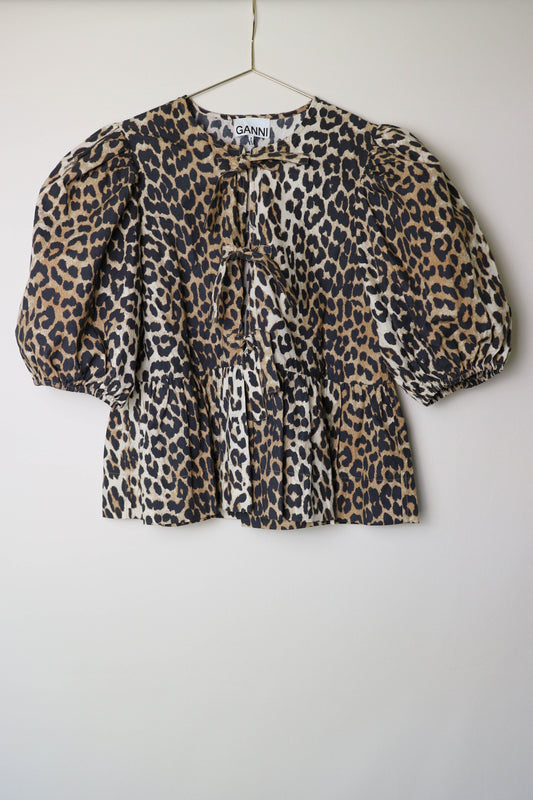 GANNI Cotton Leopard Tie Top