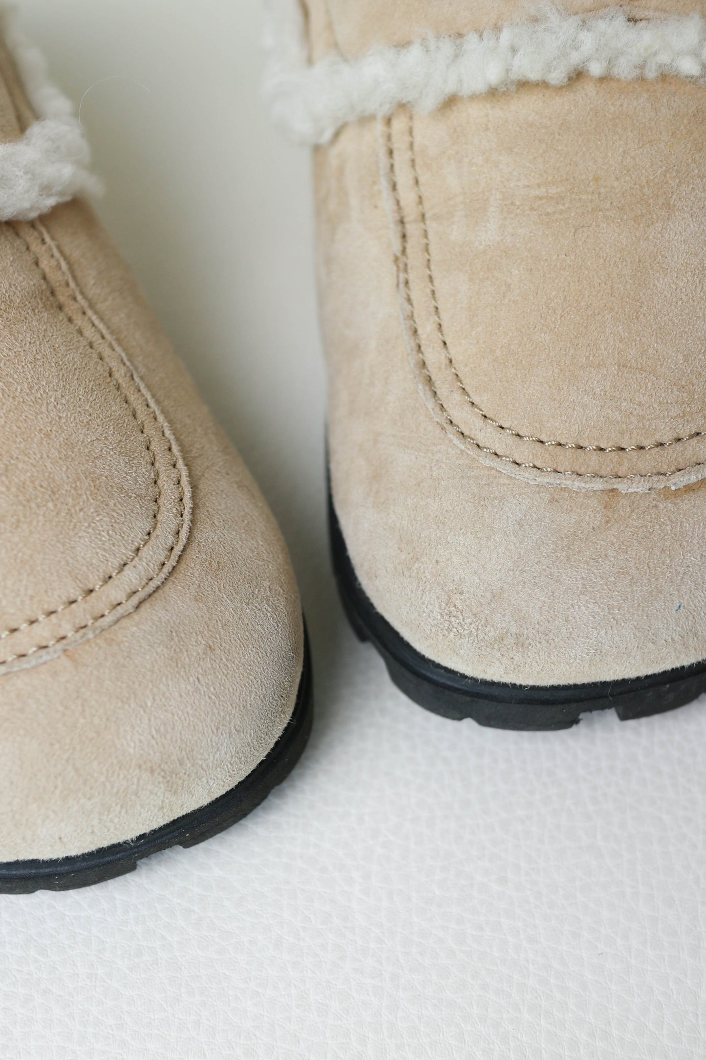 Prada Logo Shearling Mules Beige