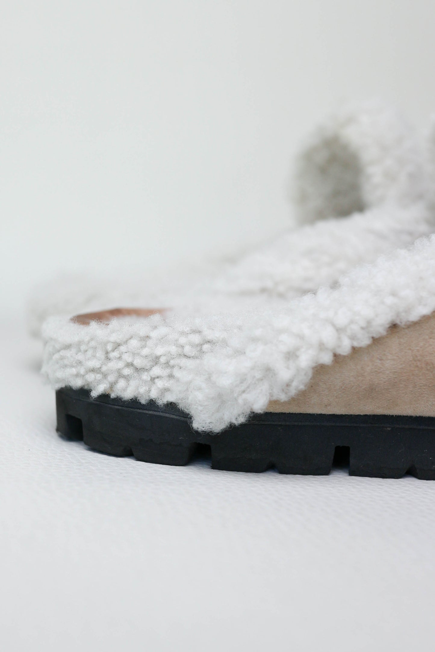 Prada Logo Shearling Mules Beige
