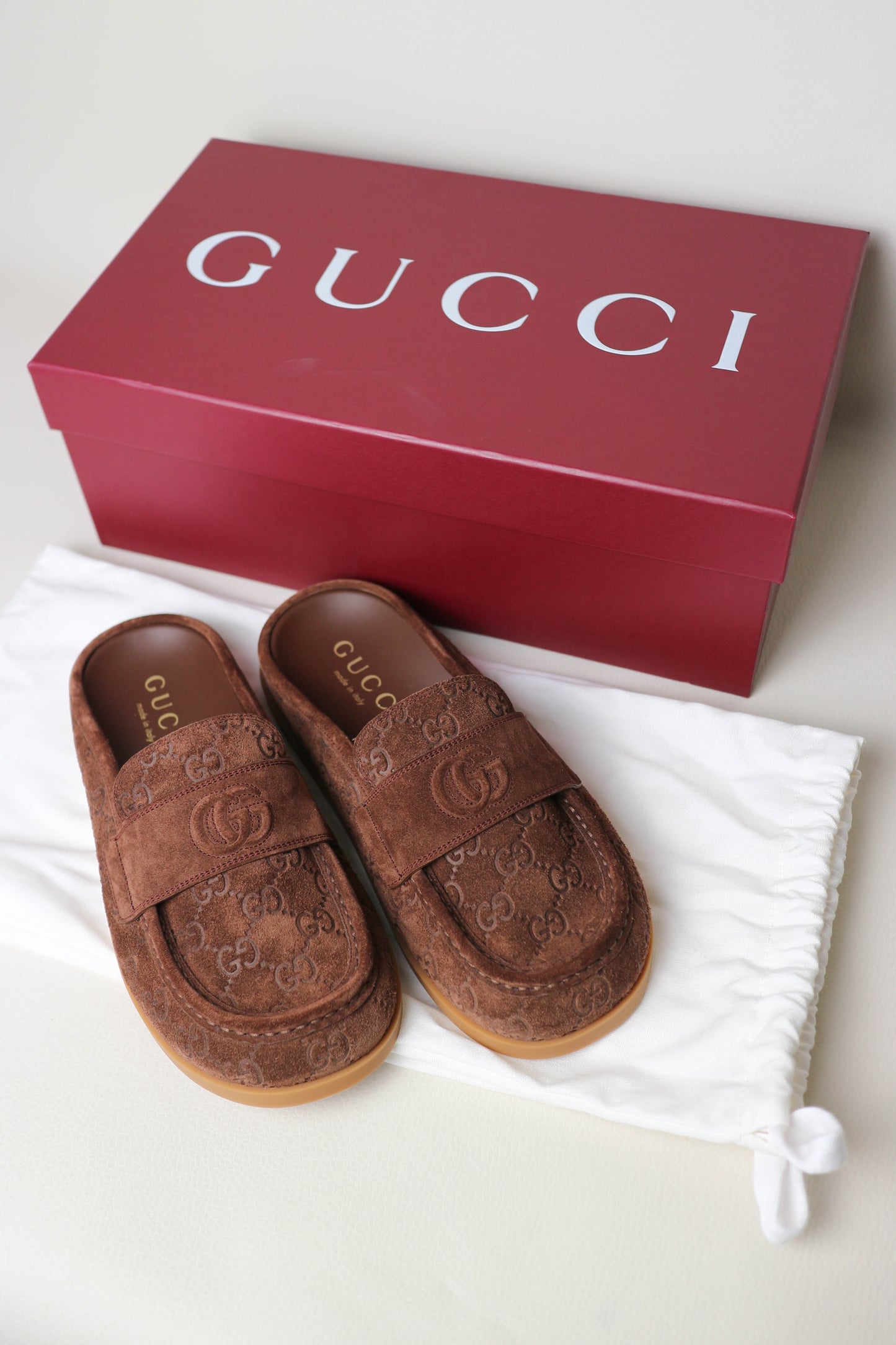 Gucci Monogram Suede Mules Brown