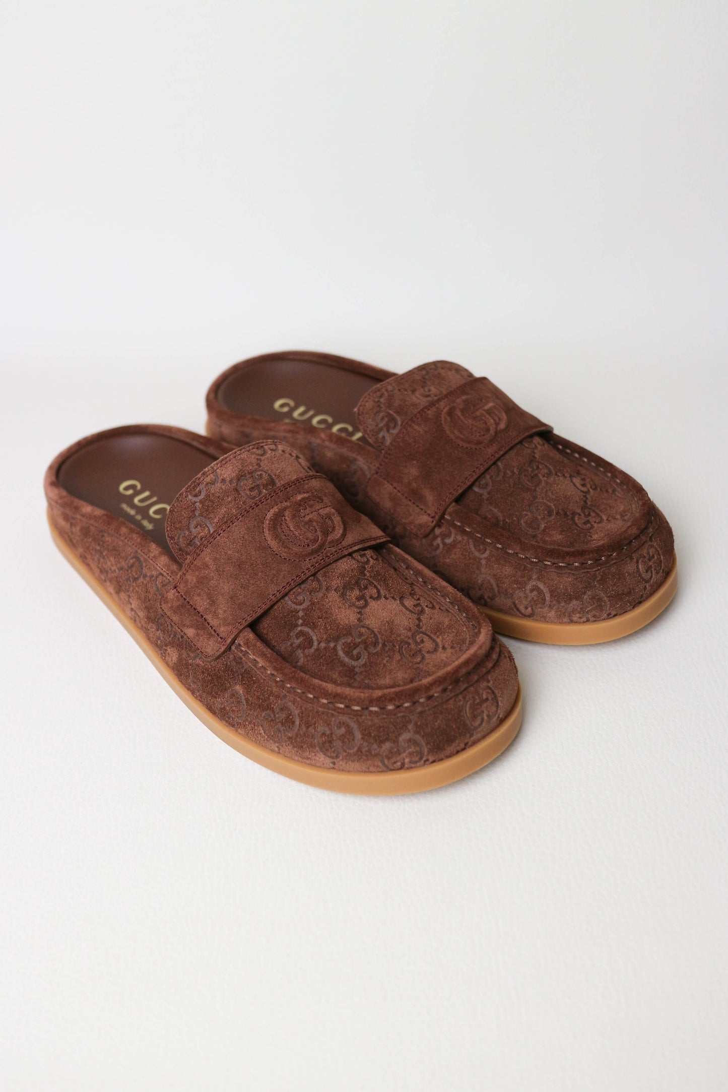Gucci Monogram Suede Mules Brown
